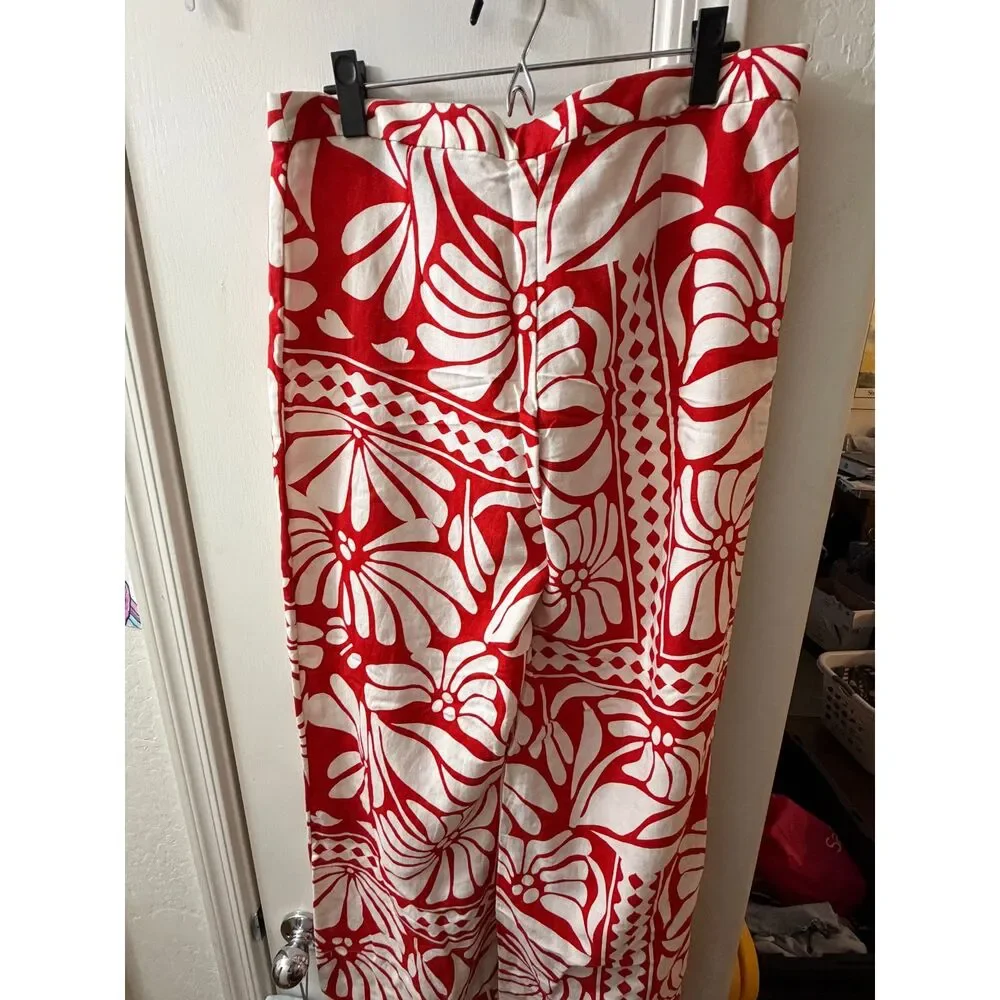 Women's Red & White Tropical Print Linen Blend Pants – Size 10 H&M